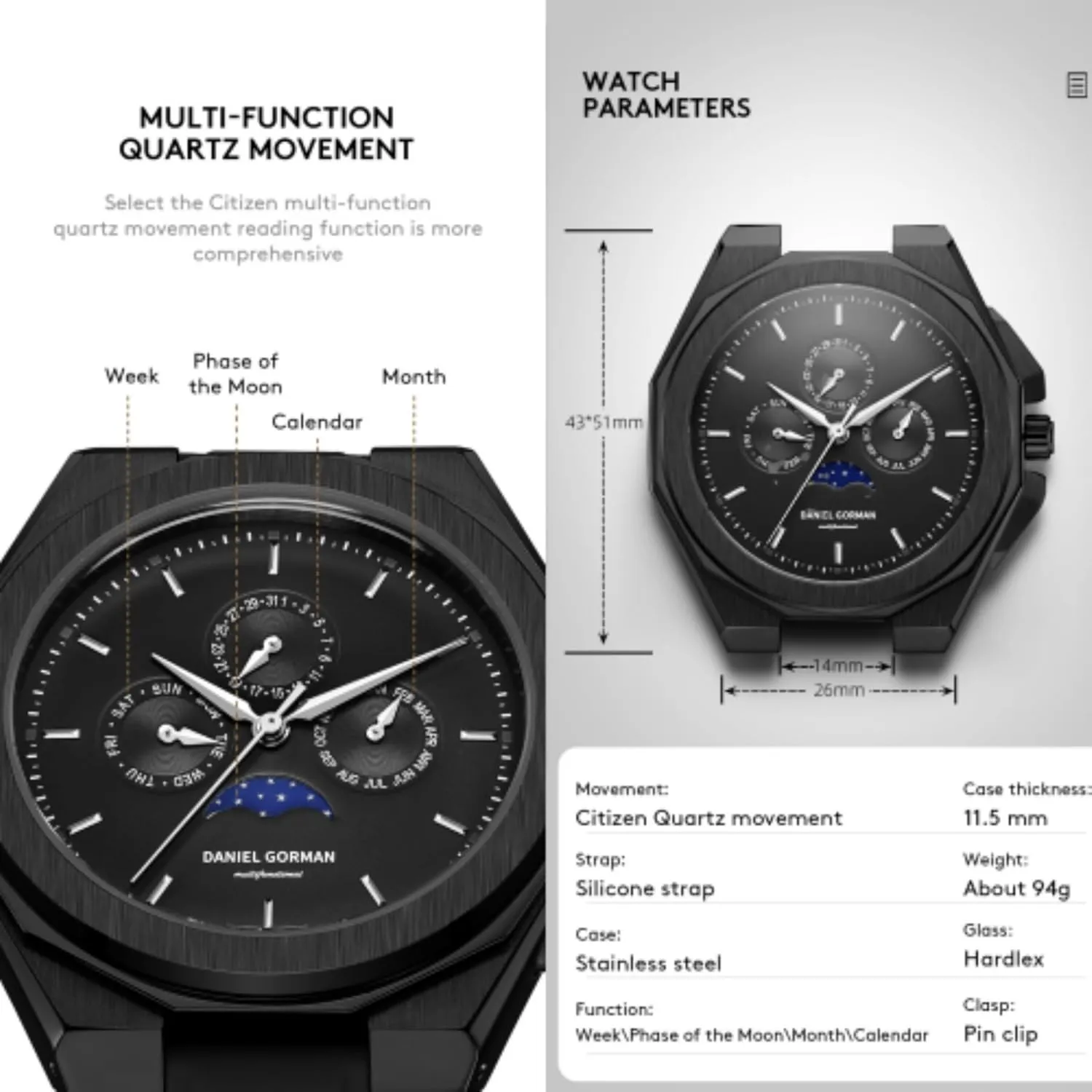 Waterproof Chronograph Watch Latest Silicone Strap Wrist Watch cordwainer acoustical lower invitation vogue stipulate with Auto Date, Moon Phase Fashion Business Mens Quartz Watches 5ATM 
