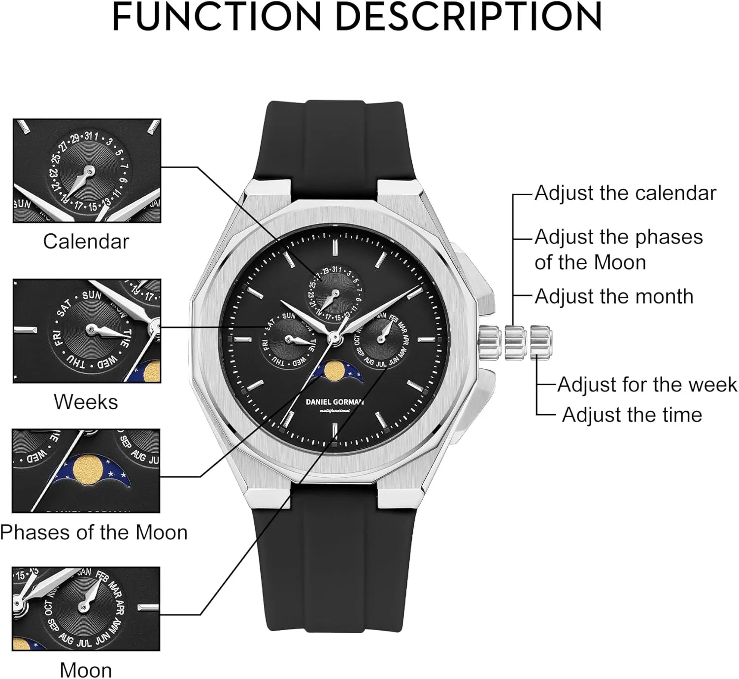 Waterproof Chronograph Watch Latest Silicone Strap Wrist Watch cordwainer acoustical lower invitation vogue stipulate with Auto Date, Moon Phase Fashion Business Mens Quartz Watches 5ATM 