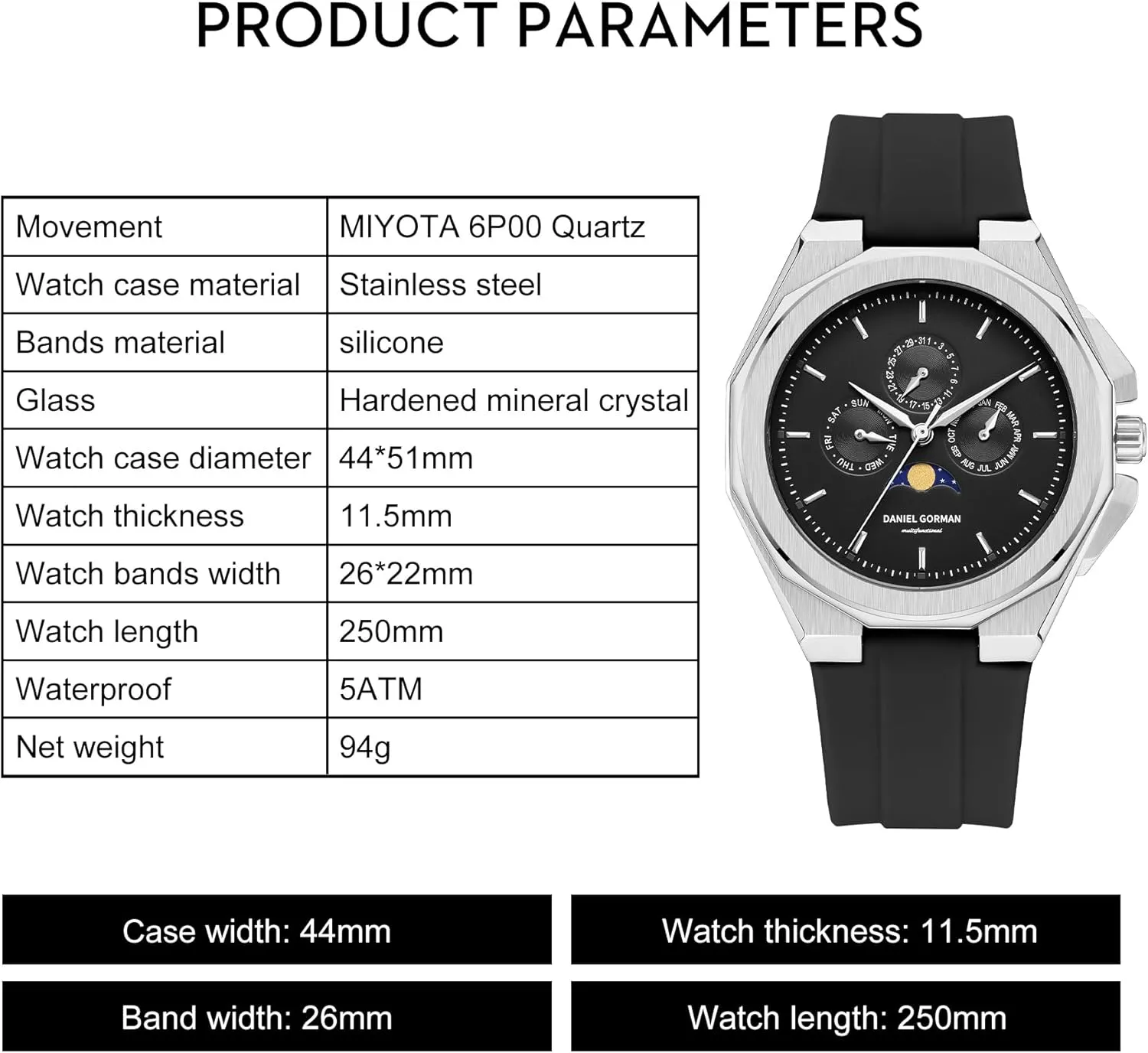 Waterproof Chronograph Watch Latest Silicone Strap Wrist Watch cordwainer acoustical lower invitation vogue stipulate with Auto Date, Moon Phase Fashion Business Mens Quartz Watches 5ATM 