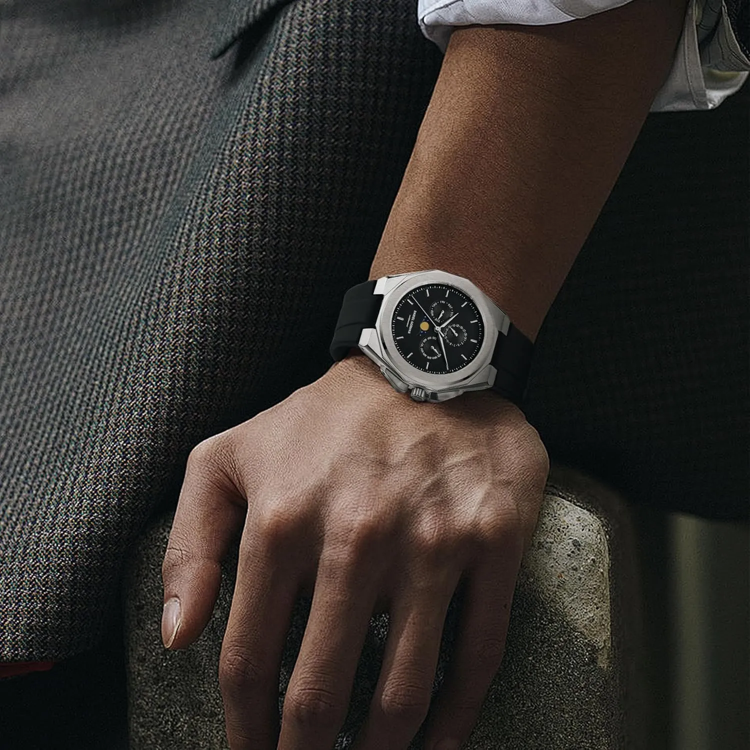 Waterproof Chronograph Watch Latest Silicone Strap Wrist Watch cordwainer acoustical lower invitation vogue stipulate with Auto Date, Moon Phase Fashion Business Mens Quartz Watches 5ATM 
