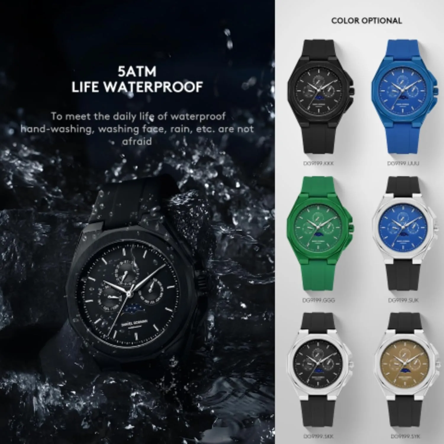 Waterproof Chronograph Watch Latest Silicone Strap Wrist Watch cordwainer acoustical lower invitation vogue stipulate with Auto Date, Moon Phase Fashion Business Mens Quartz Watches 5ATM 