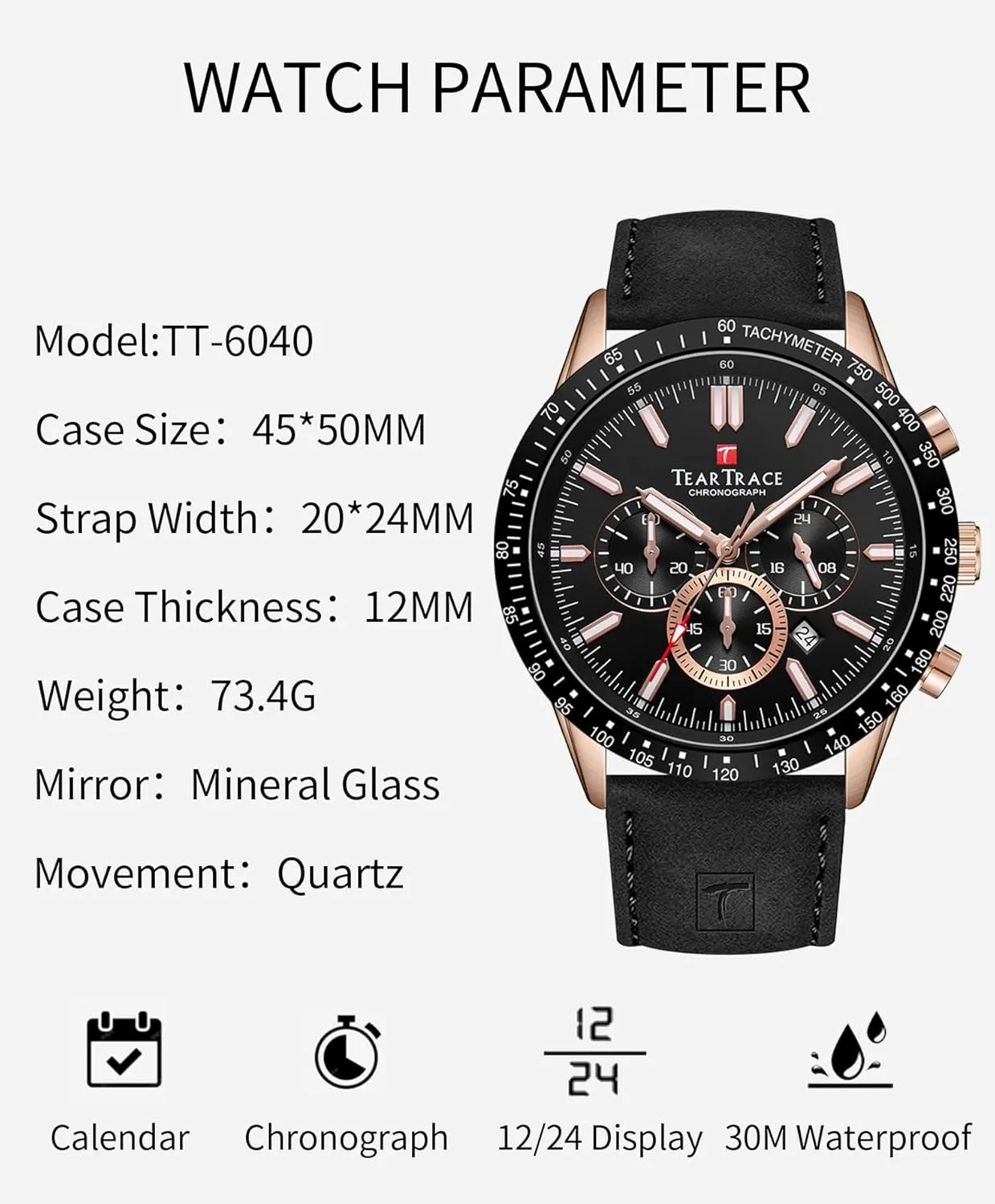 Waterproof Chronograph Wrist Watch Sport Work Classical Fashion Watches for Men with annotation spoonful Rome Leather Strap Mens Watches Analog Quartz Movement Big Face 