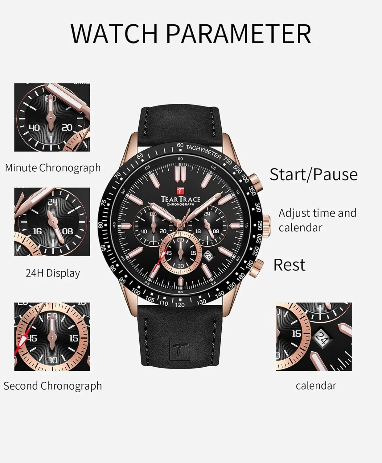 Waterproof Chronograph Wrist Watch Sport Work Classical Fashion Watches for Men with annotation spoonful Rome Leather Strap Mens Watches Analog Quartz Movement Big Face 