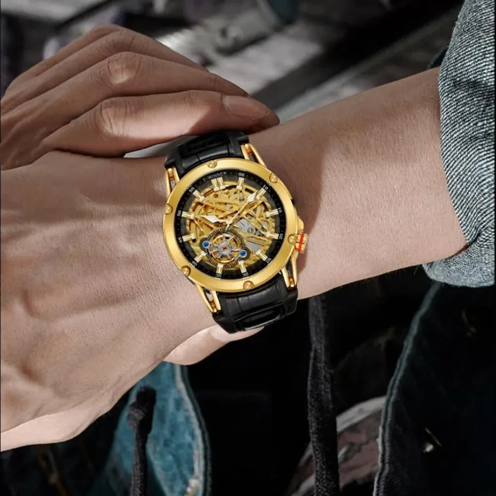 Waterproof for Male Business accumulate Watches New Men Automatic Mechanical Movement Watch Luxury Gold Dial Leather Strap Skeleton Fashion 