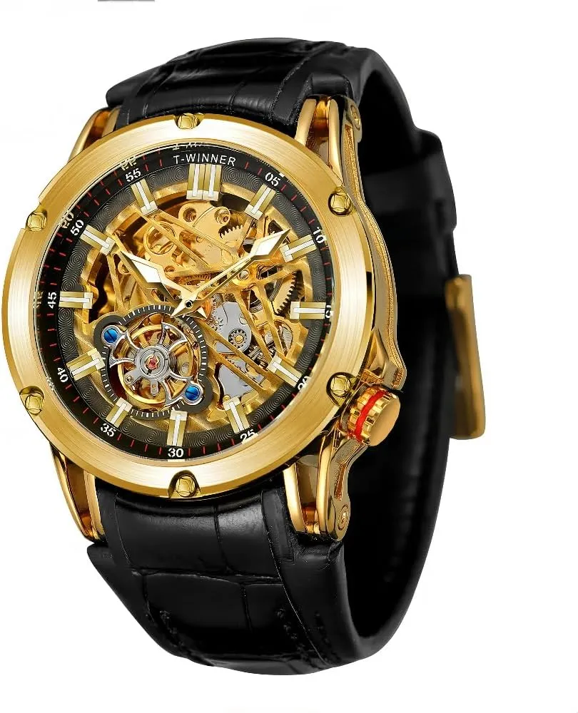 Waterproof for Male Business accumulate Watches New Men Automatic Mechanical Movement Watch Luxury Gold Dial Leather Strap Skeleton Fashion 