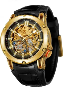 Waterproof for Male Business accumulate Watches New Men Automatic Mechanical Movement Watch Luxury Gold Dial Leather Strap Skeleton Fashion 