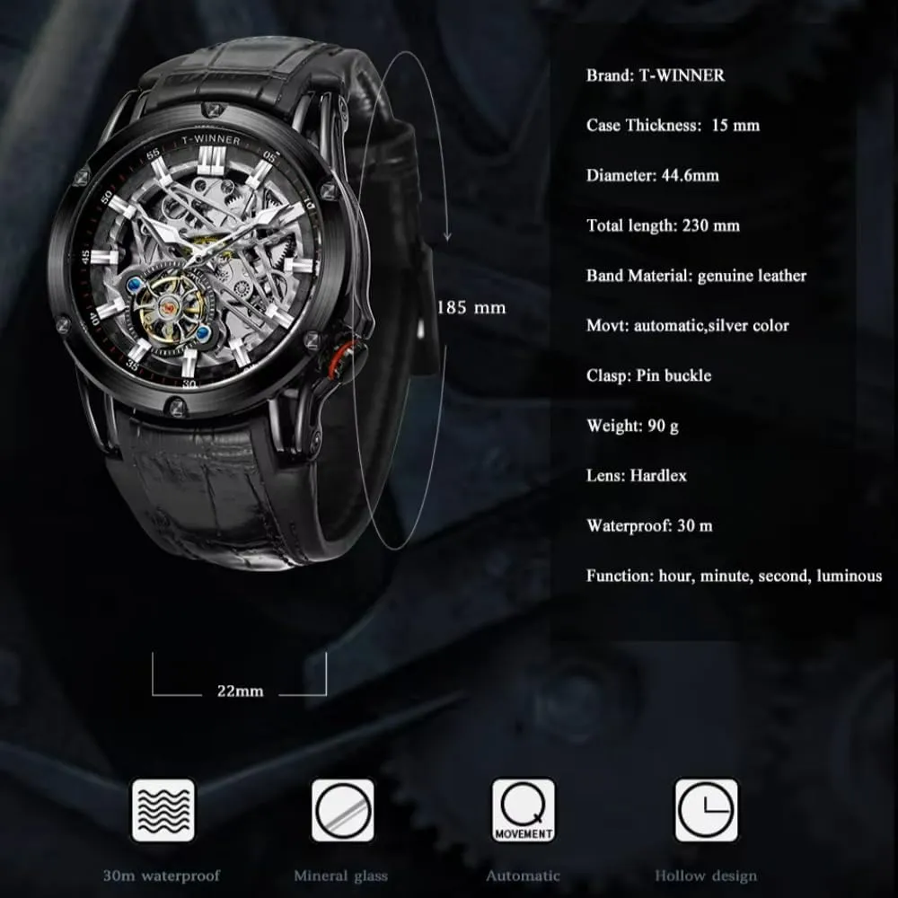 Waterproof for Male Business accumulate Watches New Men Automatic Mechanical Movement Watch Luxury Gold Dial Leather Strap Skeleton Fashion 