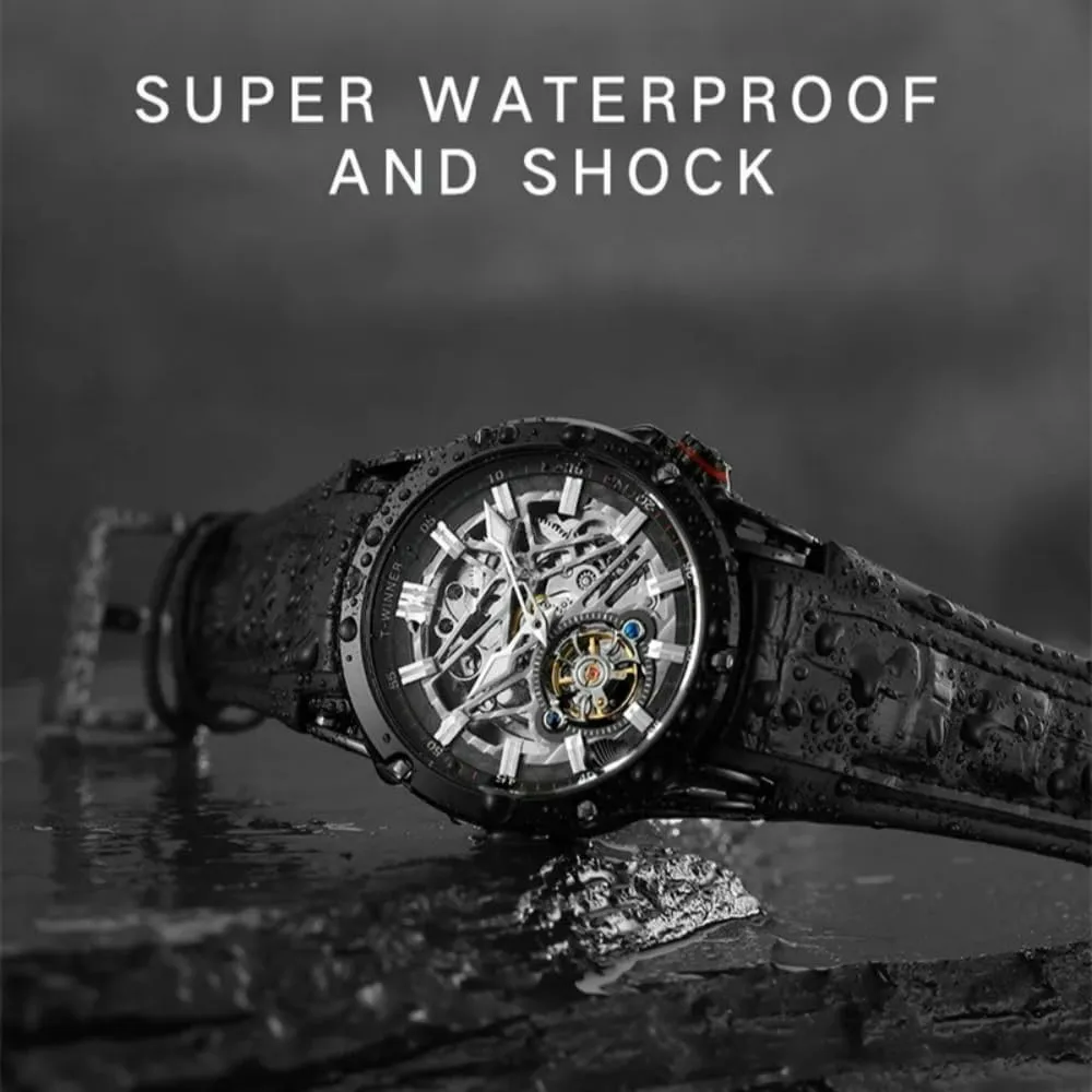 Waterproof for Male Business accumulate Watches New Men Automatic Mechanical Movement Watch Luxury Gold Dial Leather Strap Skeleton Fashion 