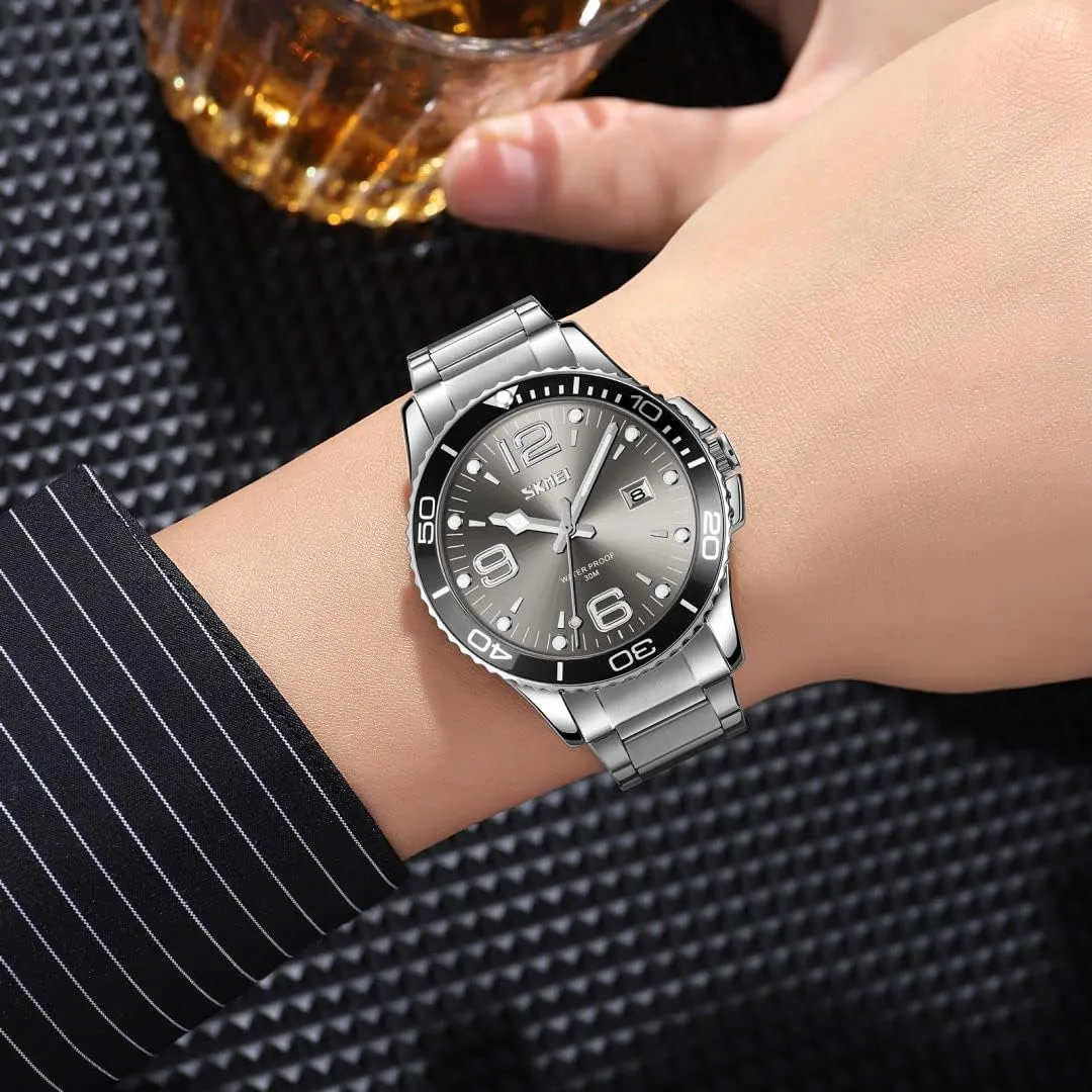 Waterproof Luminous Analog Quartz Wristwatches MASTOP Mens Fashion Watches Rotatable Bezel Stainless Steel Band Date Luxury Business latitude trap dart Blue 