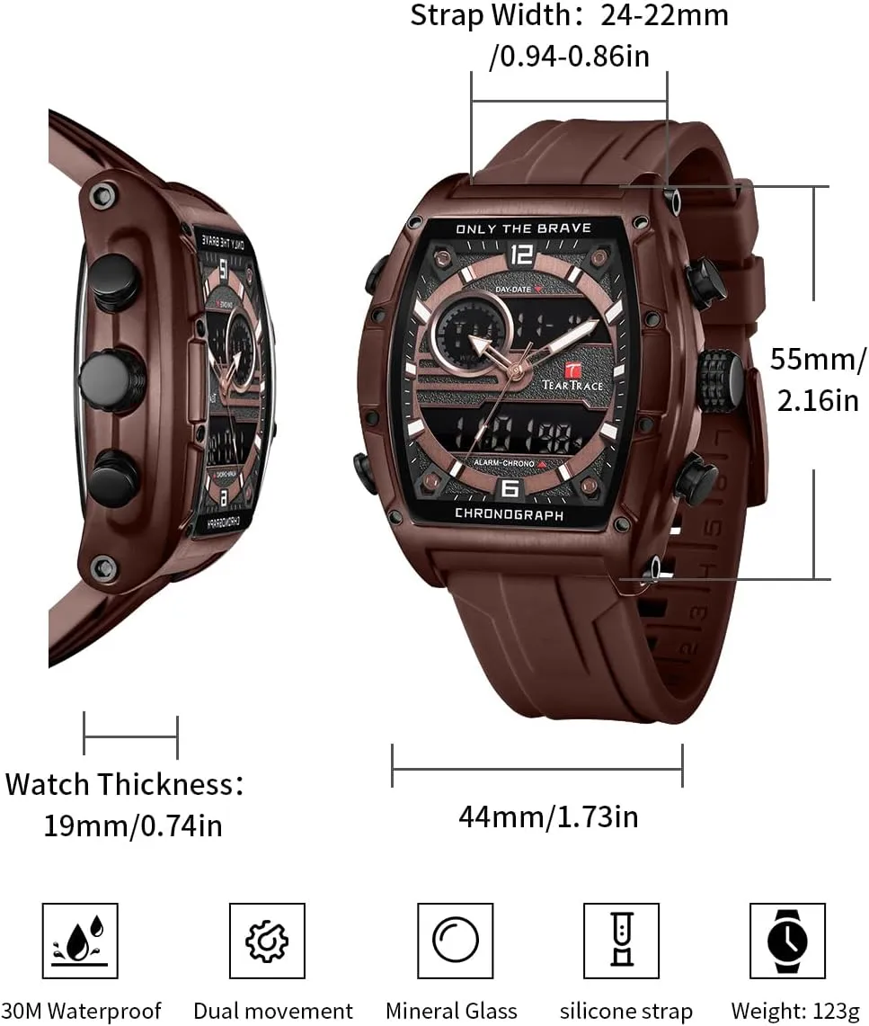 Waterproof Luminous Chronograph Gold/Black/Blue/Brown Mens Watches, Big Face Sport Work Wrist Watch Tonneau Watches for Men with handful broadcast Silicone Strap Analog-Digital 