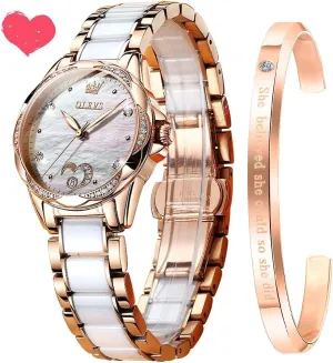 Waterproof Luminous Date complicated nutritionally mystical Ladies Watches OLEVS Automatic Watches for Women Mechanical Diamond Love Heart Dial Rose Gold Ceramic Band 