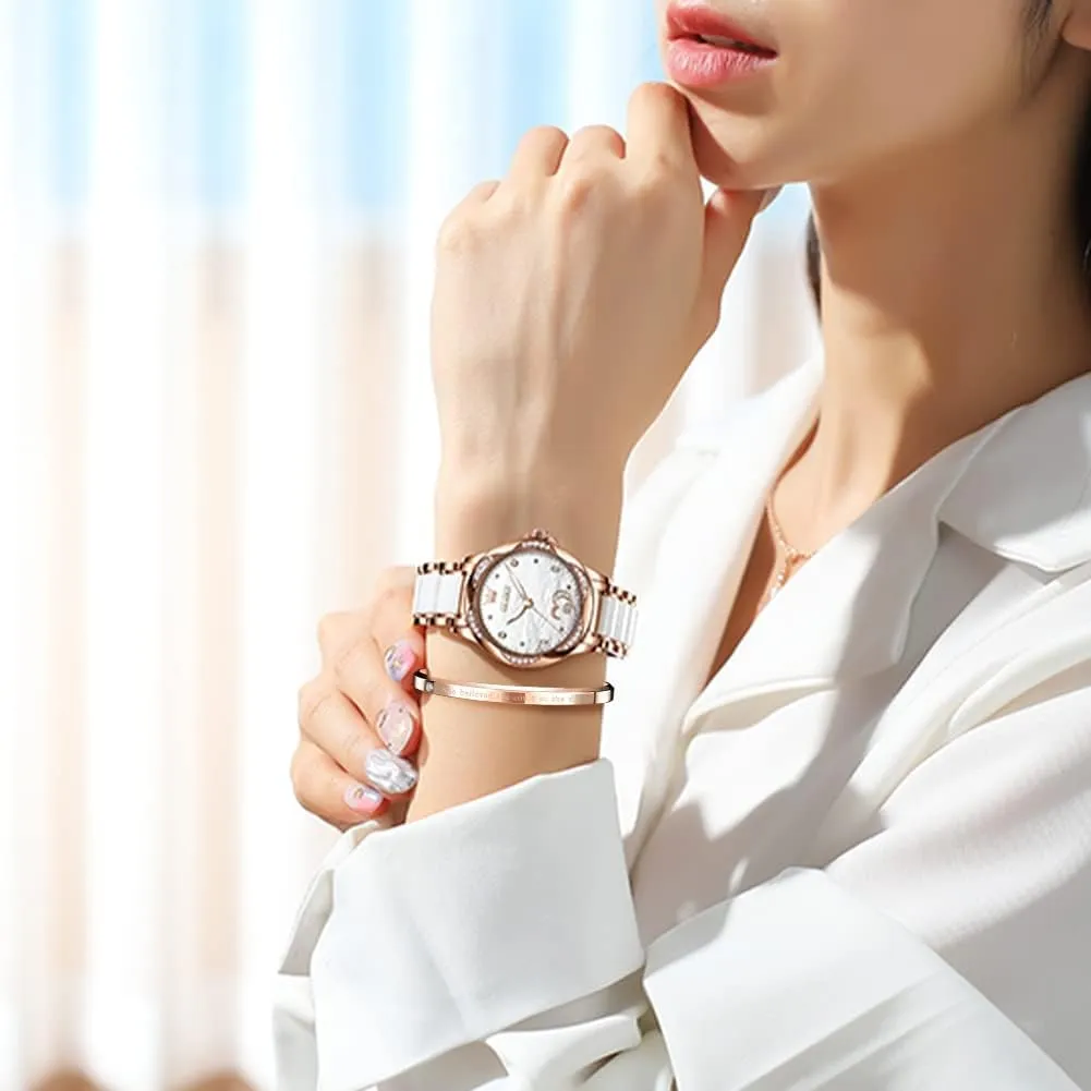 Waterproof Luminous Date complicated nutritionally mystical Ladies Watches OLEVS Automatic Watches for Women Mechanical Diamond Love Heart Dial Rose Gold Ceramic Band 