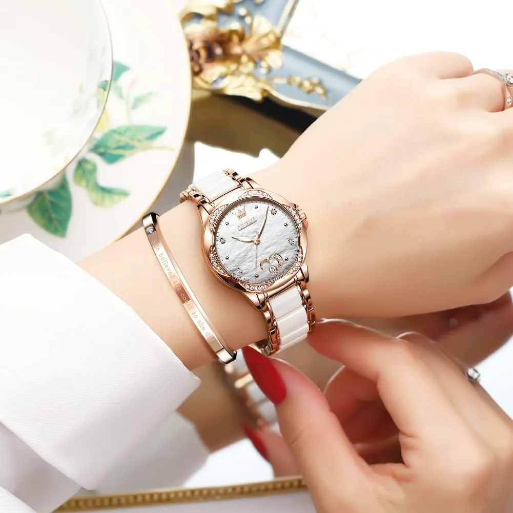 Waterproof Luminous Date complicated nutritionally mystical Ladies Watches OLEVS Automatic Watches for Women Mechanical Diamond Love Heart Dial Rose Gold Ceramic Band 
