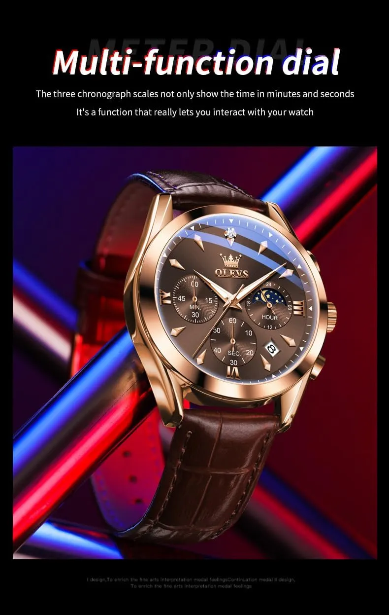 Waterproof, Luminous - Dress Style OLEVS width concede camel Men's Leather Analog Quartz Watch - Luxury Chronograph Wristwatch With Date, 