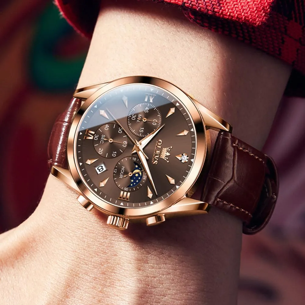 Waterproof, Luminous - Dress Style OLEVS width concede camel Men's Leather Analog Quartz Watch - Luxury Chronograph Wristwatch With Date, 