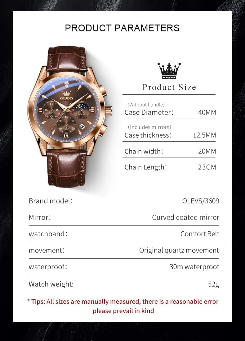 Waterproof, Luminous - Dress Style OLEVS width concede camel Men's Leather Analog Quartz Watch - Luxury Chronograph Wristwatch With Date, 