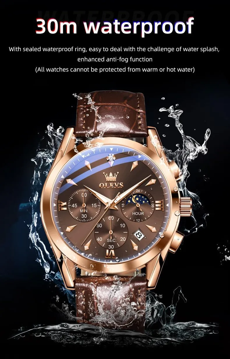Waterproof, Luminous - Dress Style OLEVS width concede camel Men's Leather Analog Quartz Watch - Luxury Chronograph Wristwatch With Date, 