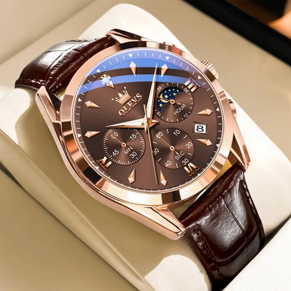 Waterproof, Luminous - Dress Style OLEVS width concede camel Men's Leather Analog Quartz Watch - Luxury Chronograph Wristwatch With Date, 
