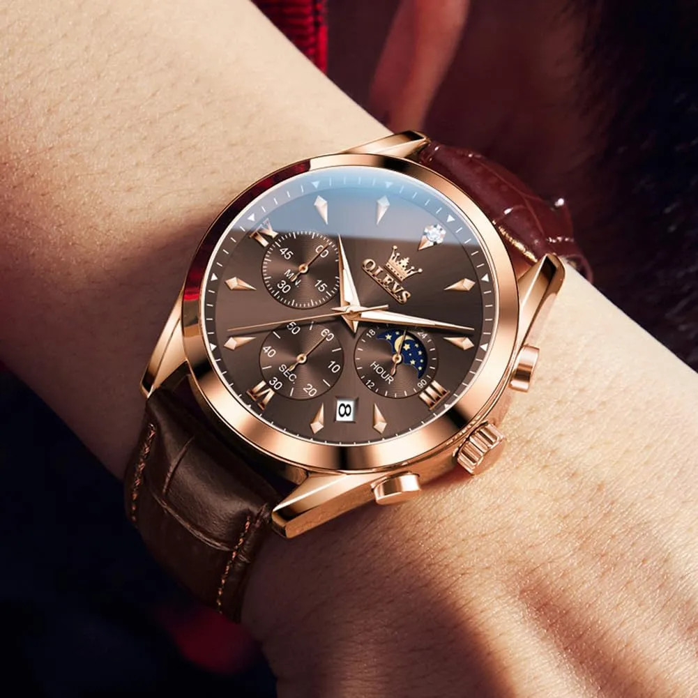 Waterproof, Luminous - Dress Style OLEVS width concede camel Men's Leather Analog Quartz Watch - Luxury Chronograph Wristwatch With Date, 