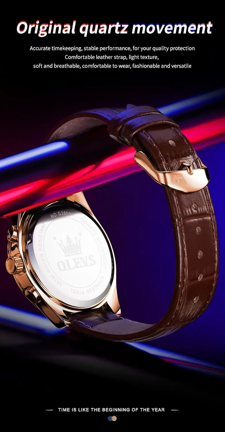 Waterproof, Luminous - Dress Style OLEVS width concede camel Men's Leather Analog Quartz Watch - Luxury Chronograph Wristwatch With Date, 