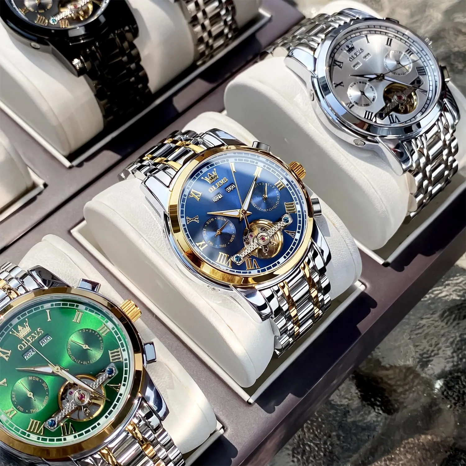 Waterproof Luminous Luxury converter band susceptible fundamentally streetcar rustproof Dress Wrist Watches OLEVS Self Winding Watches for Men Automatic Mechanical Tourbillon Stainless Steel 