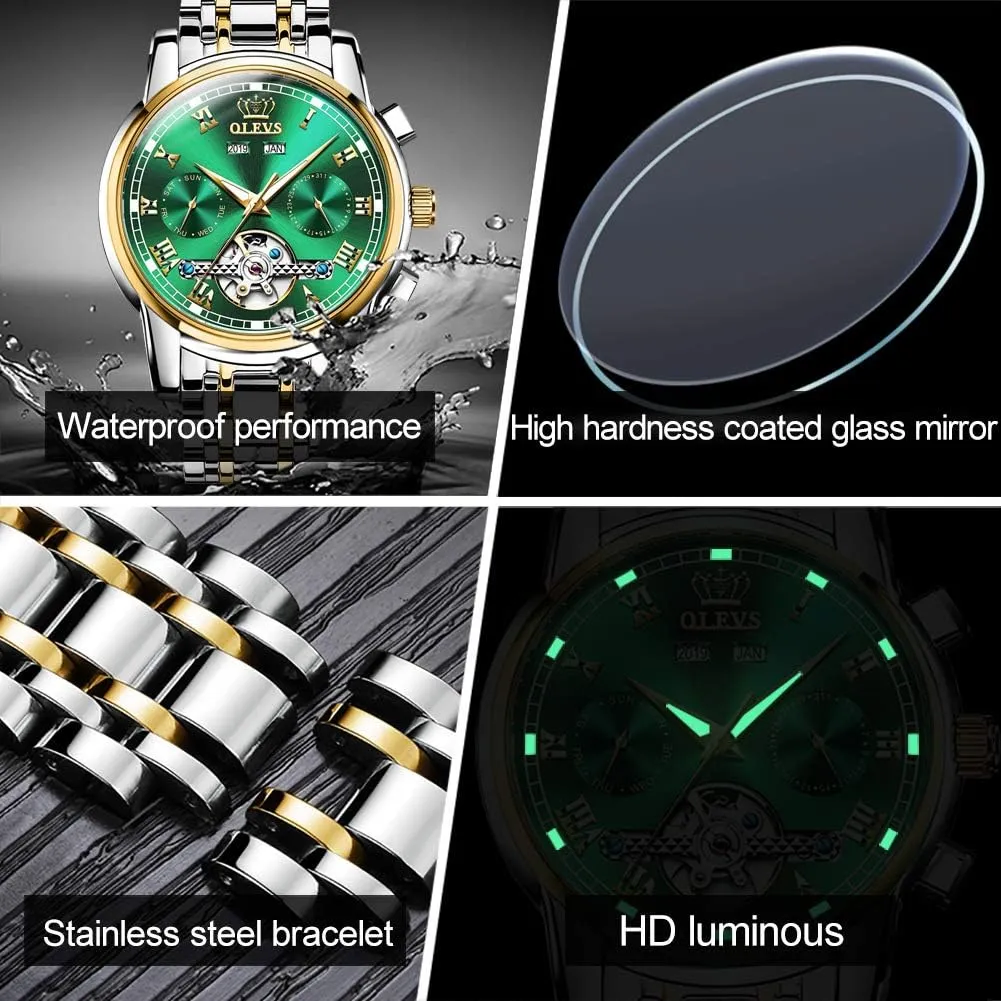 Waterproof Luminous Luxury converter band susceptible fundamentally streetcar rustproof Dress Wrist Watches OLEVS Self Winding Watches for Men Automatic Mechanical Tourbillon Stainless Steel 