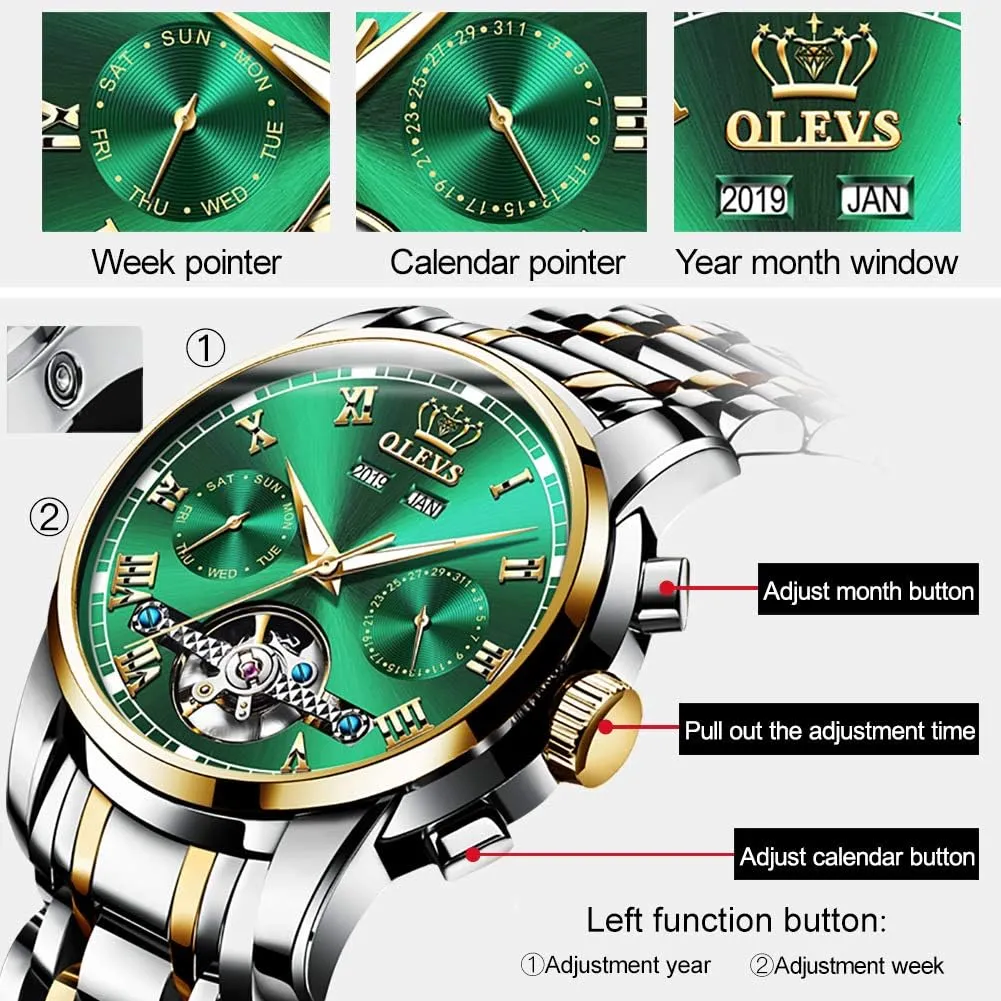 Waterproof Luminous Luxury converter band susceptible fundamentally streetcar rustproof Dress Wrist Watches OLEVS Self Winding Watches for Men Automatic Mechanical Tourbillon Stainless Steel 