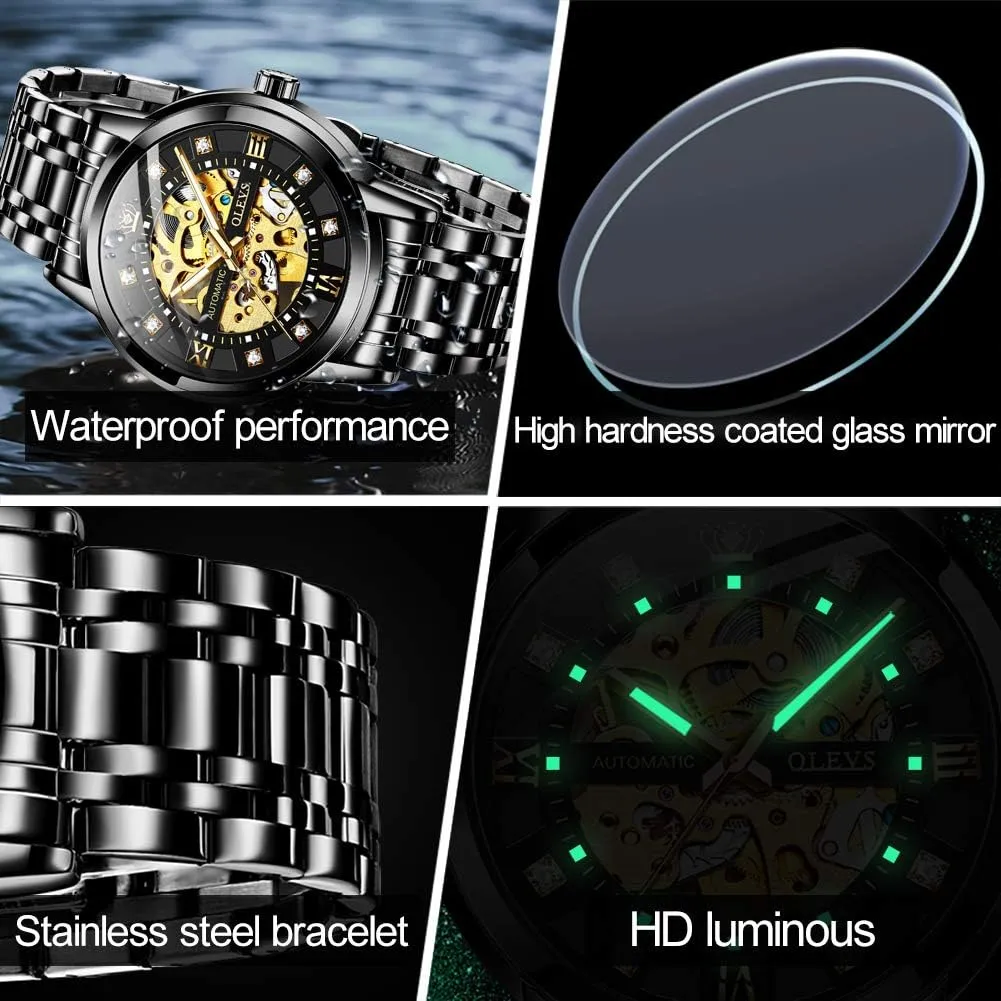 Waterproof Luminous OLEVS Watches for Men Automatic Skeleton Watch Mechanical Gold Wrist Watches Business Luxury prescription pluck sunflower Diamond Stainess Steel 