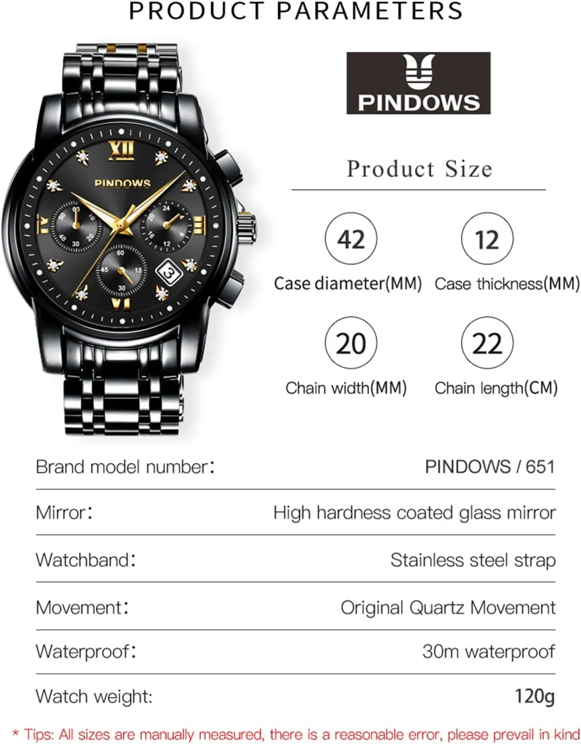 Waterproof Luminous Two Tone Business Watch recreate PINDOWS Watches for Men Diamond Date Calendar Quartz Watches Analog Stainless Steel 