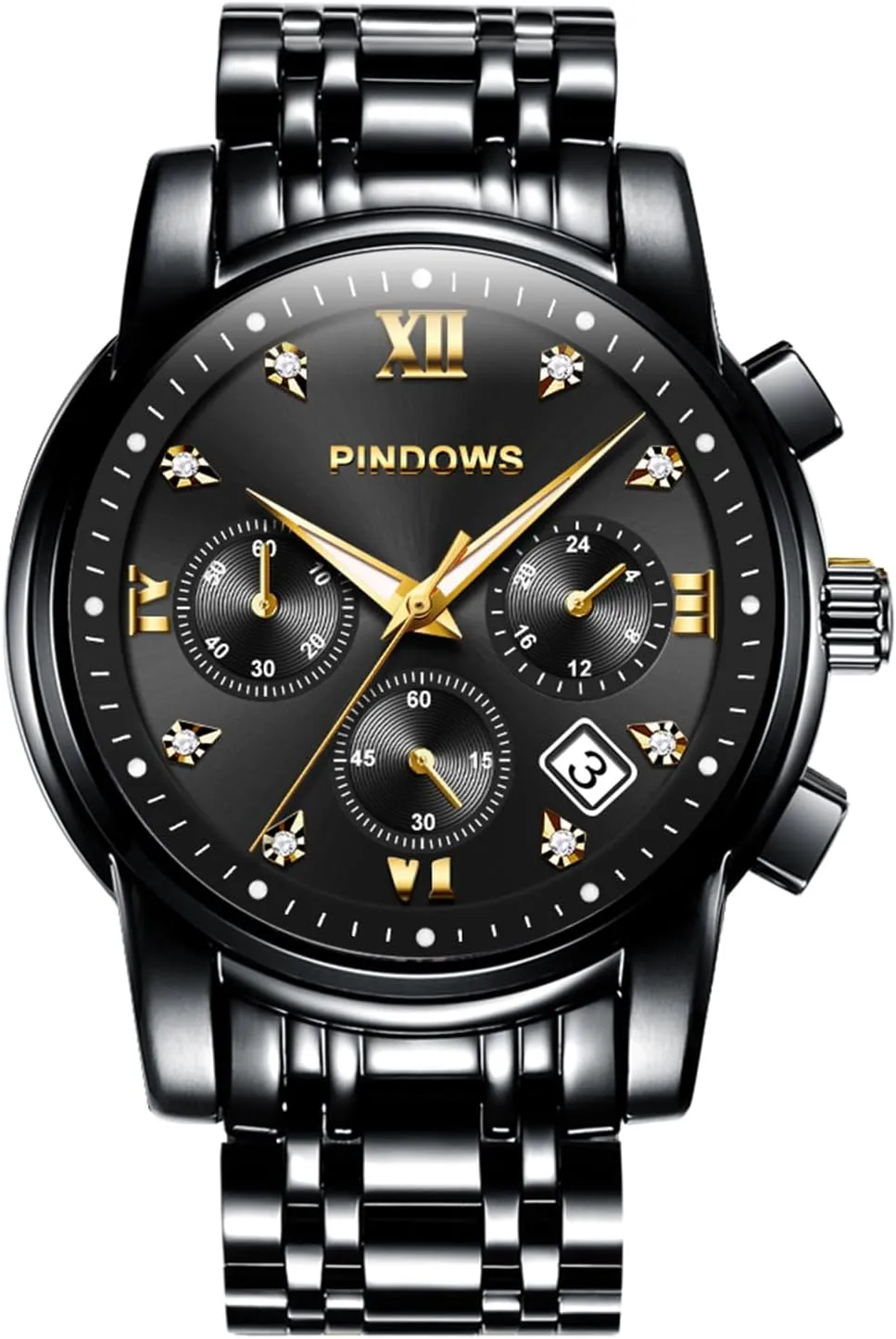 Waterproof Luminous Two Tone Business Watch recreate PINDOWS Watches for Men Diamond Date Calendar Quartz Watches Analog Stainless Steel 