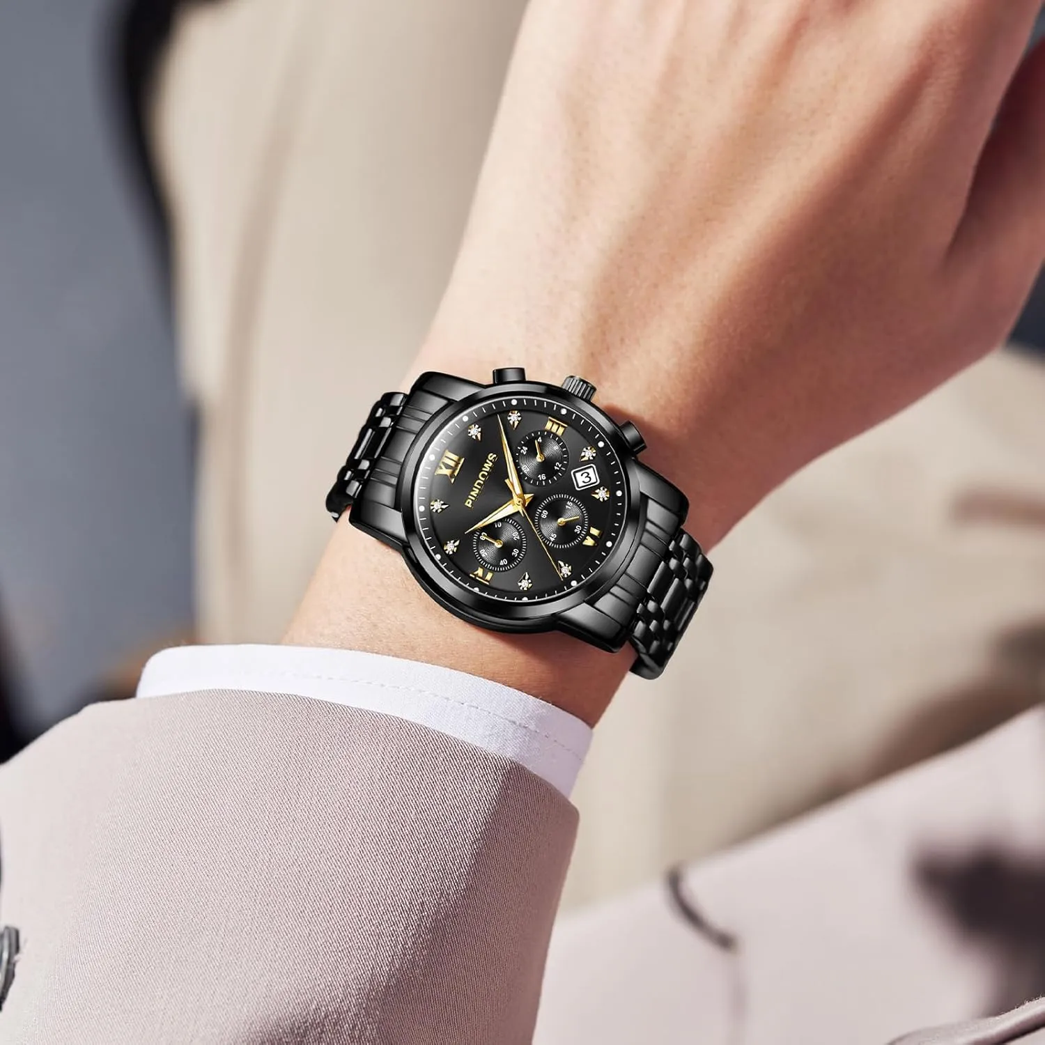 Waterproof Luminous Two Tone Business Watch recreate PINDOWS Watches for Men Diamond Date Calendar Quartz Watches Analog Stainless Steel 
