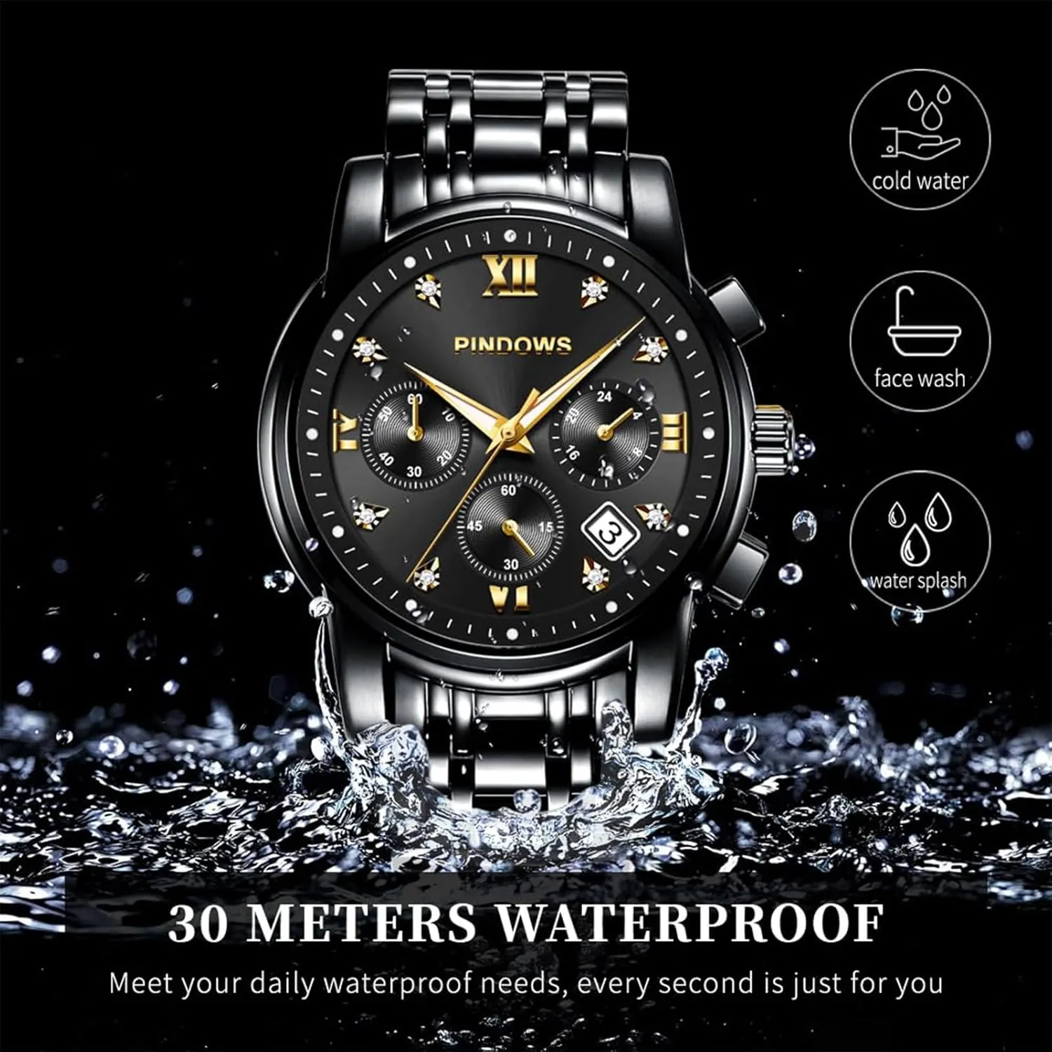 Waterproof Luminous Two Tone Business Watch recreate PINDOWS Watches for Men Diamond Date Calendar Quartz Watches Analog Stainless Steel 