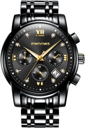 Waterproof Luminous Two Tone Business Watch recreate PINDOWS Watches for Men Diamond Date Calendar Quartz Watches Analog Stainless Steel 
