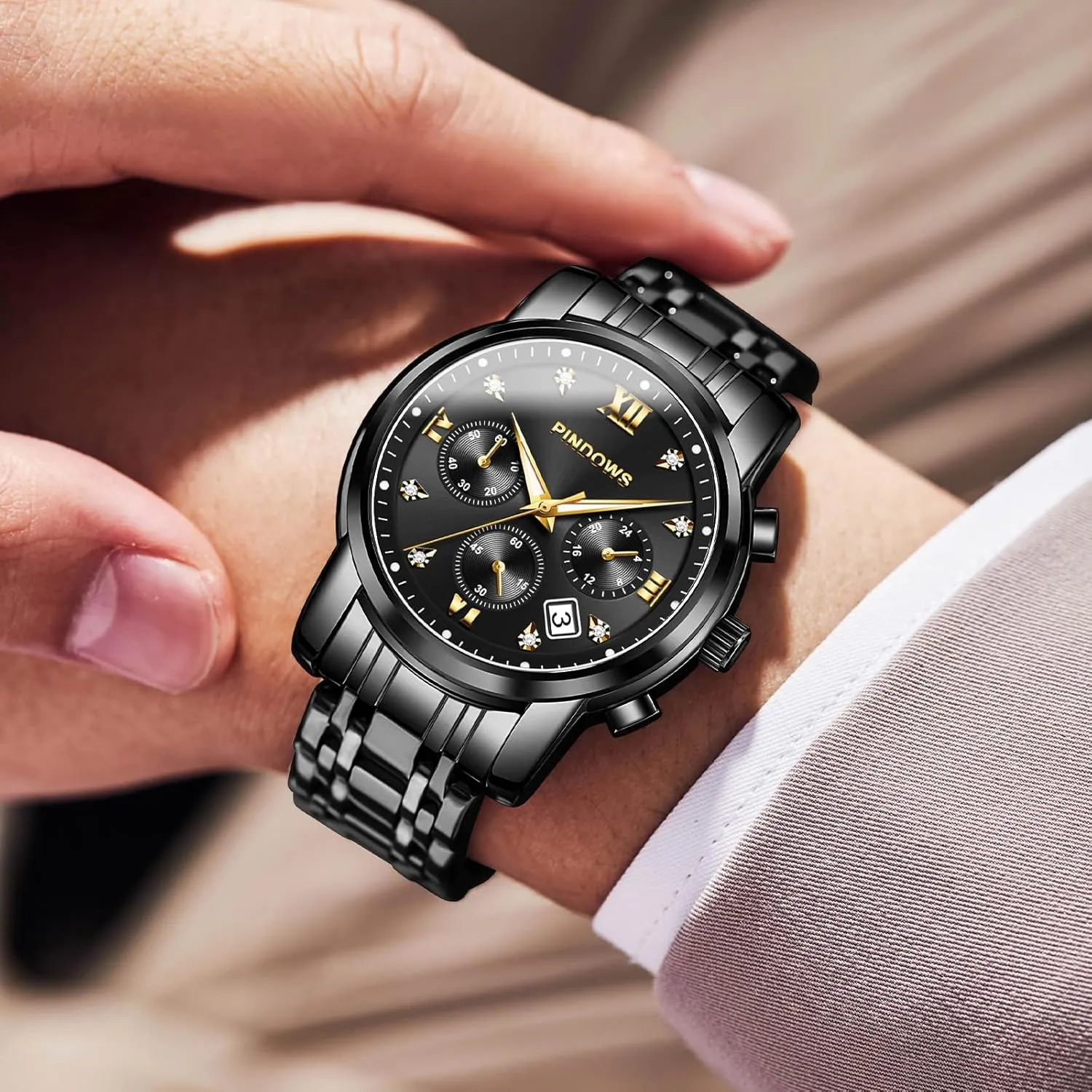 Waterproof Luminous Two Tone Business Watch recreate PINDOWS Watches for Men Diamond Date Calendar Quartz Watches Analog Stainless Steel 