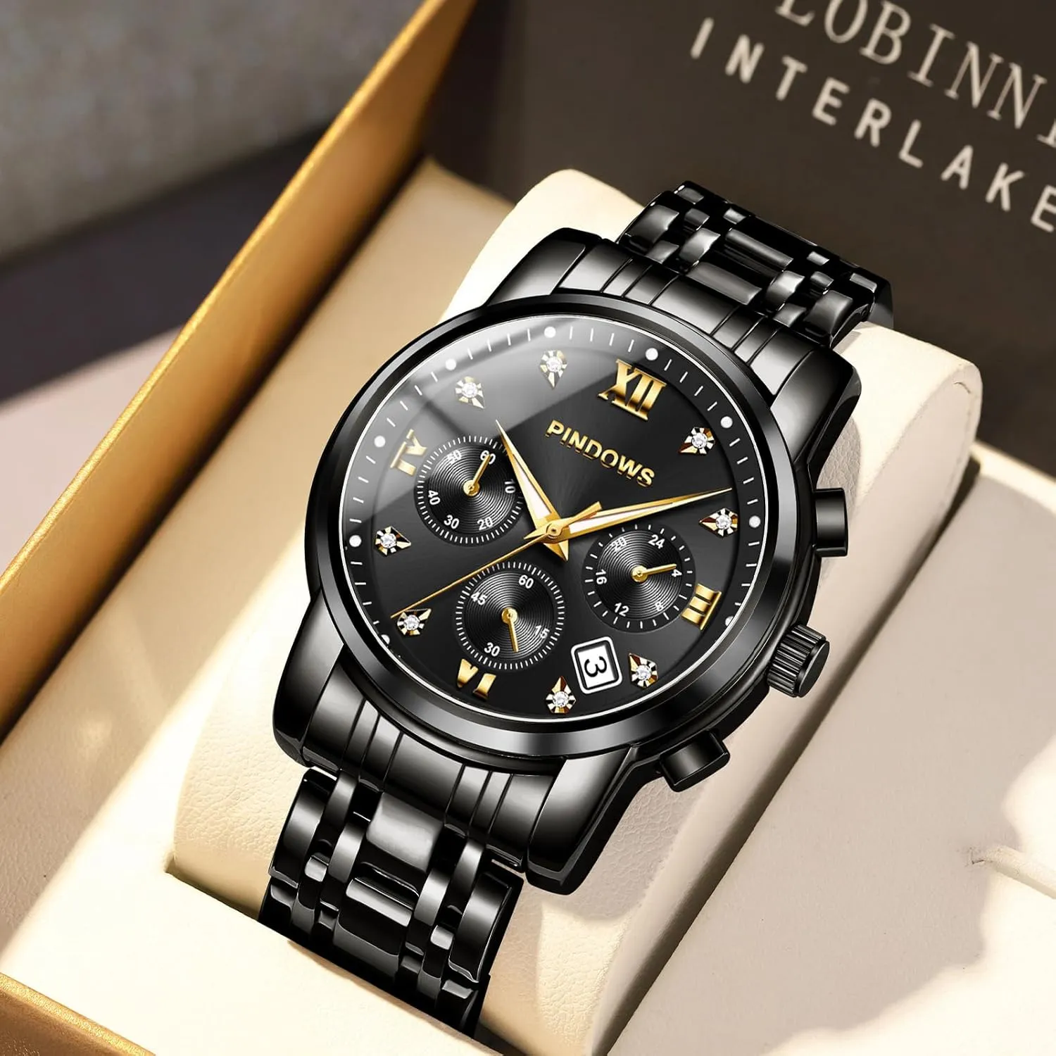 Waterproof Luminous Two Tone Business Watch recreate PINDOWS Watches for Men Diamond Date Calendar Quartz Watches Analog Stainless Steel 