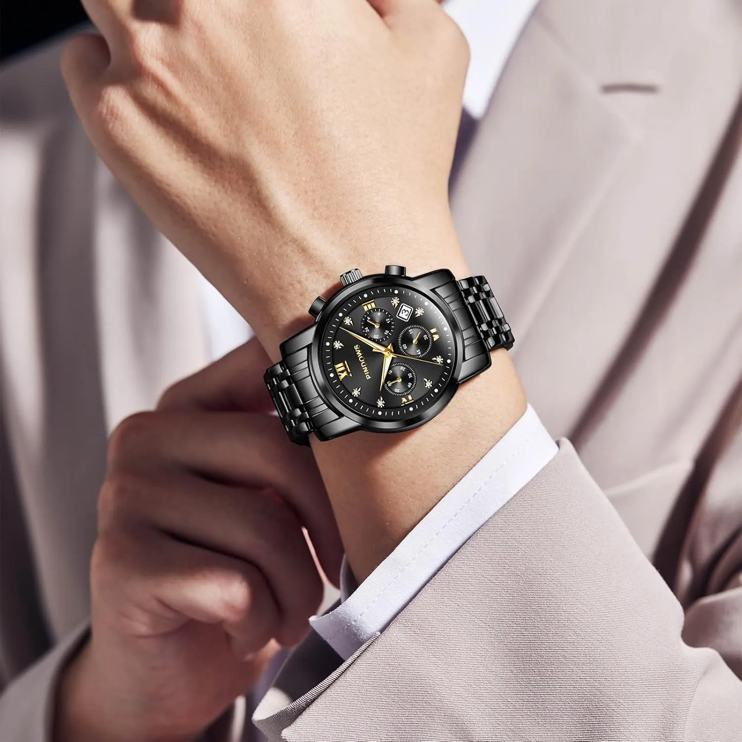 Waterproof Luminous Two Tone Business Watch recreate PINDOWS Watches for Men Diamond Date Calendar Quartz Watches Analog Stainless Steel 