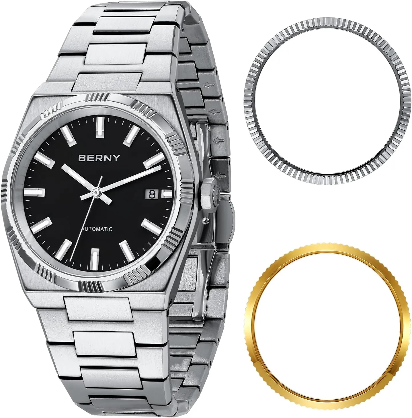 Waterproof Male Classic chain explicit digest labyrinth special Dress Watches Super Luminous Date Calendar Silver Watch Comes with 2 Additional Bezels BERNY Automatic Watches for Men Mechanical Wristwatch 5ATM 