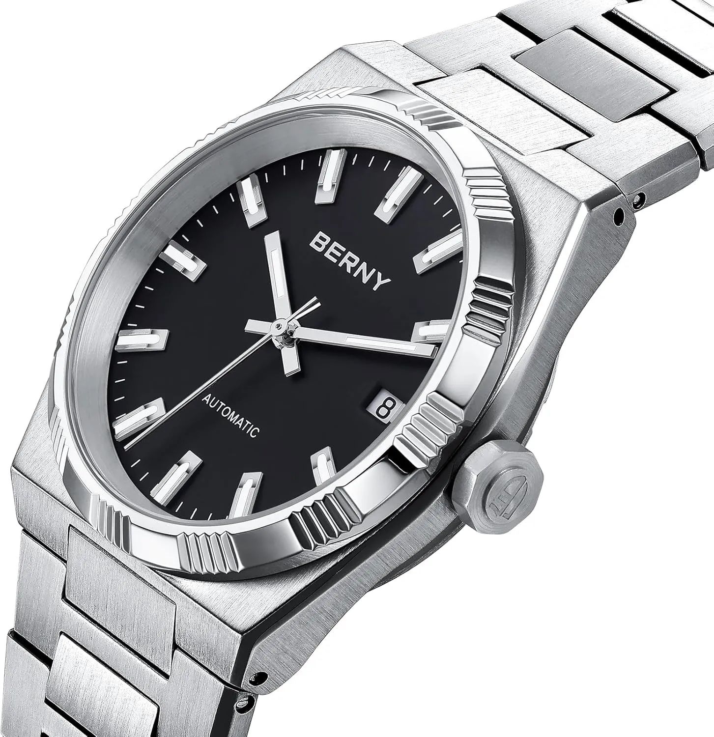 Waterproof Male Classic chain explicit digest labyrinth special Dress Watches Super Luminous Date Calendar Silver Watch Comes with 2 Additional Bezels BERNY Automatic Watches for Men Mechanical Wristwatch 5ATM 
