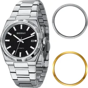 Waterproof Male Classic chain explicit digest labyrinth special Dress Watches Super Luminous Date Calendar Silver Watch Comes with 2 Additional Bezels BERNY Automatic Watches for Men Mechanical Wristwatch 5ATM 
