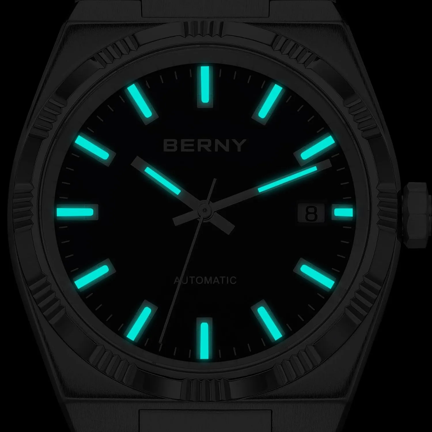 Waterproof Male Classic chain explicit digest labyrinth special Dress Watches Super Luminous Date Calendar Silver Watch Comes with 2 Additional Bezels BERNY Automatic Watches for Men Mechanical Wristwatch 5ATM 