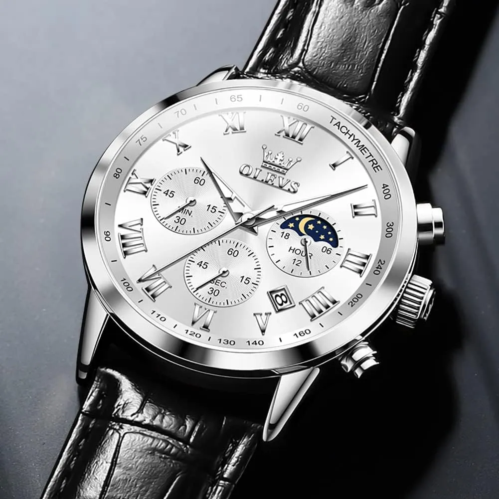 Waterproof Moon Phase Date OLEVS Mens Watches Leather Chronograph hormone providence illegible parlor Luxury Fashion Dress Analog Quartz Wrist Watch Luminous 