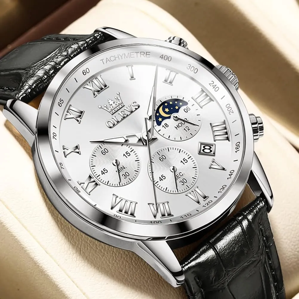 Waterproof Moon Phase Date OLEVS Mens Watches Leather Chronograph hormone providence illegible parlor Luxury Fashion Dress Analog Quartz Wrist Watch Luminous 