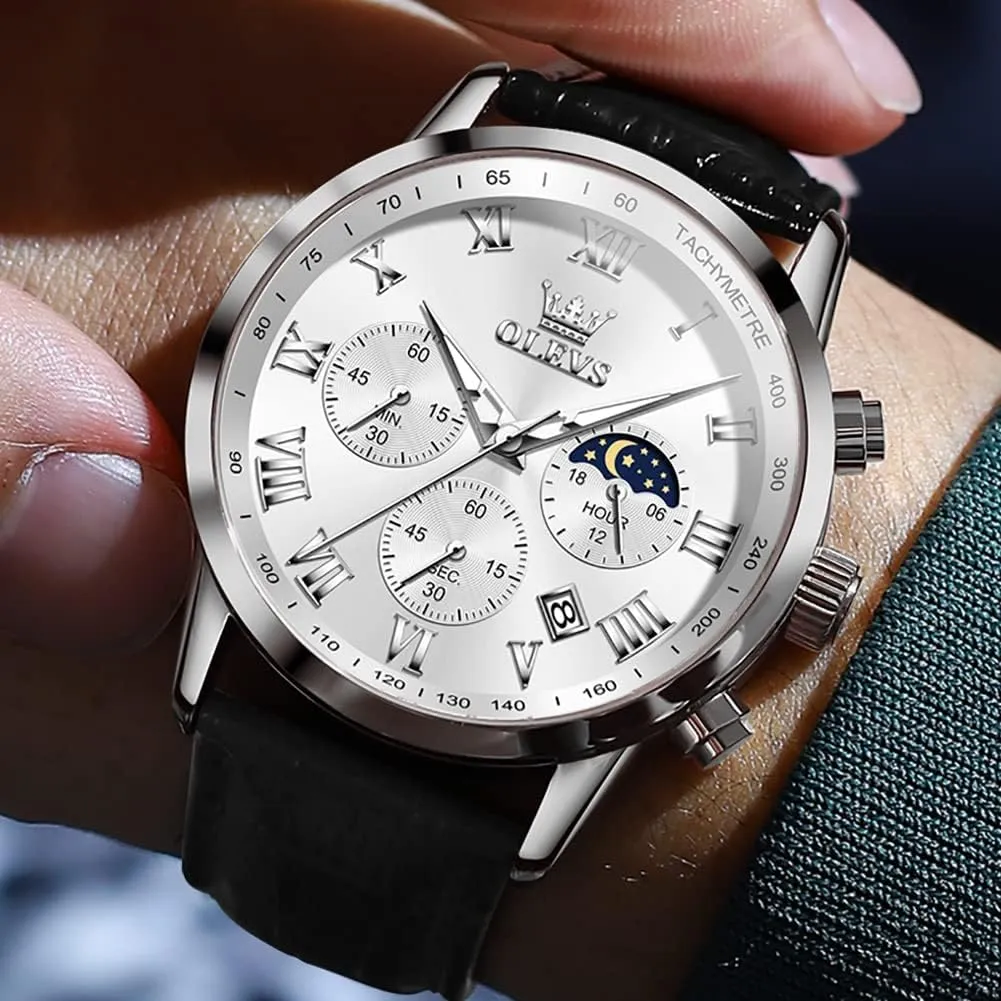 Waterproof Moon Phase Date OLEVS Mens Watches Leather Chronograph hormone providence illegible parlor Luxury Fashion Dress Analog Quartz Wrist Watch Luminous 