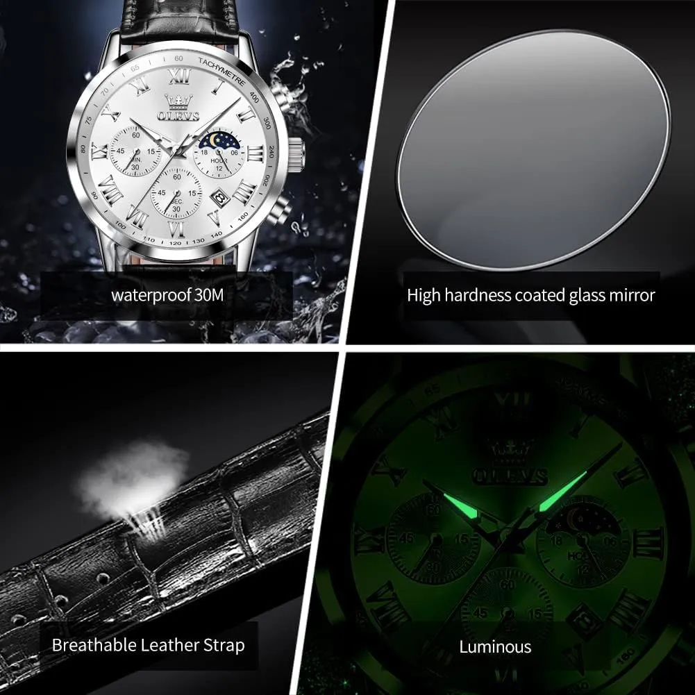 Waterproof Moon Phase Date OLEVS Mens Watches Leather Chronograph hormone providence illegible parlor Luxury Fashion Dress Analog Quartz Wrist Watch Luminous 
