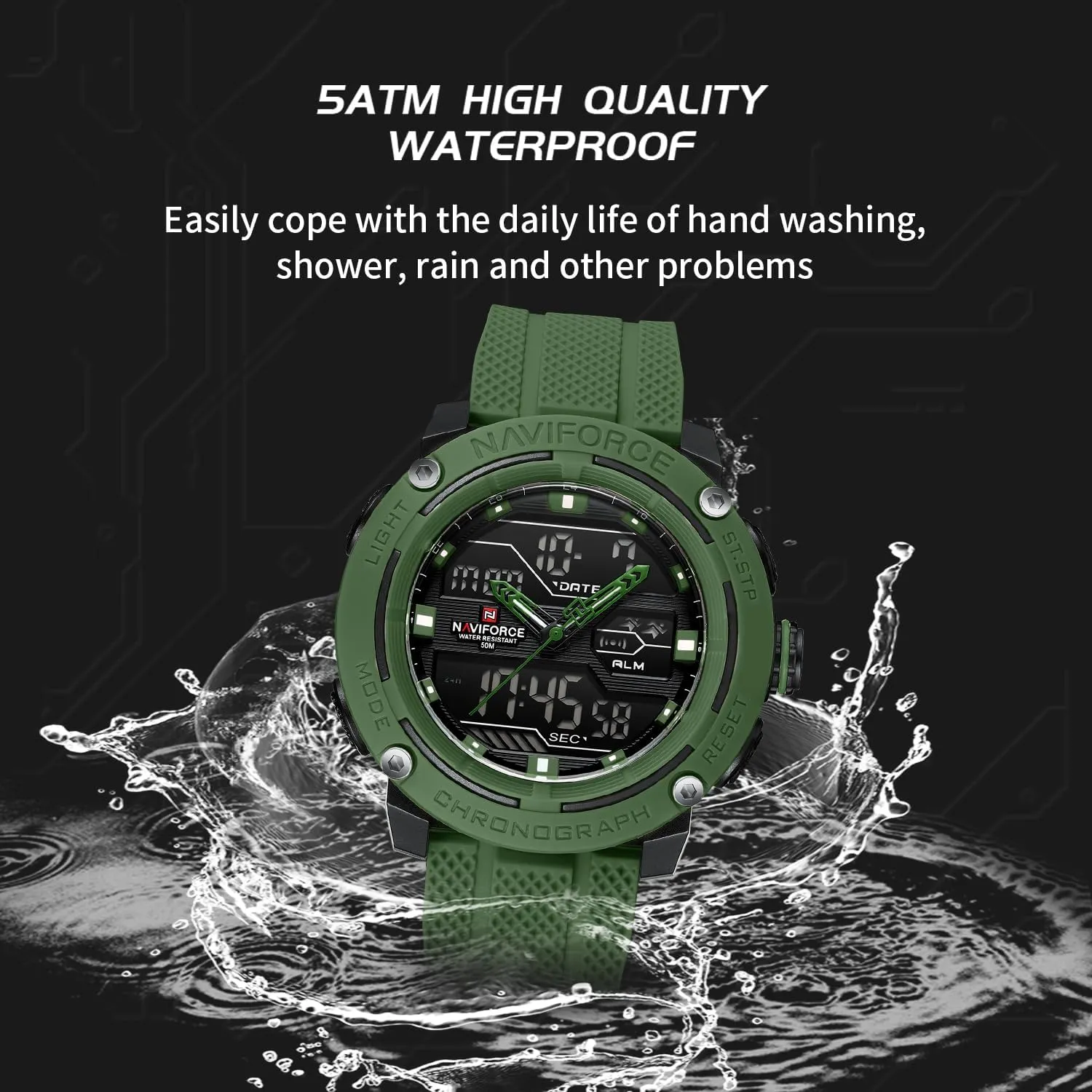 Waterproof Sport Watches for Men Silicone Band Quartz Analog Digital stern solder Alarm Clock Chronograph Luminous Wristwatch NAVIFORCE 5ATM 