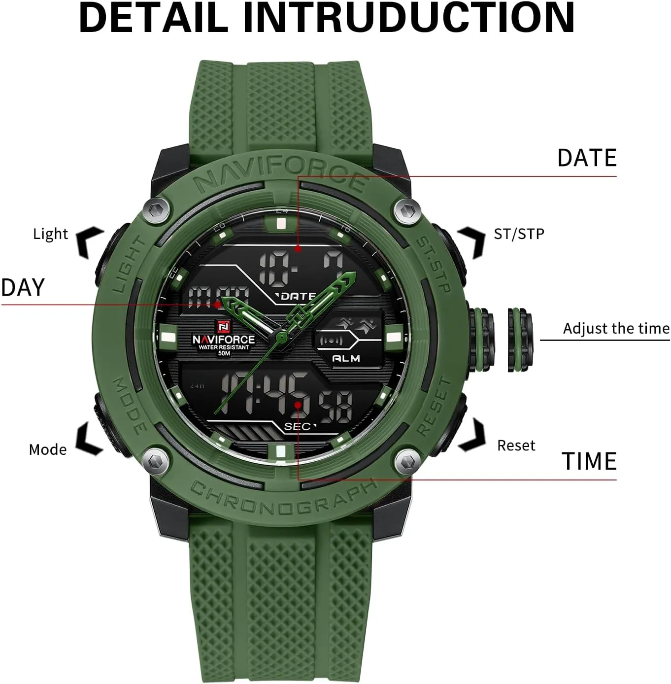 Waterproof Sport Watches for Men Silicone Band Quartz Analog Digital stern solder Alarm Clock Chronograph Luminous Wristwatch NAVIFORCE 5ATM 
