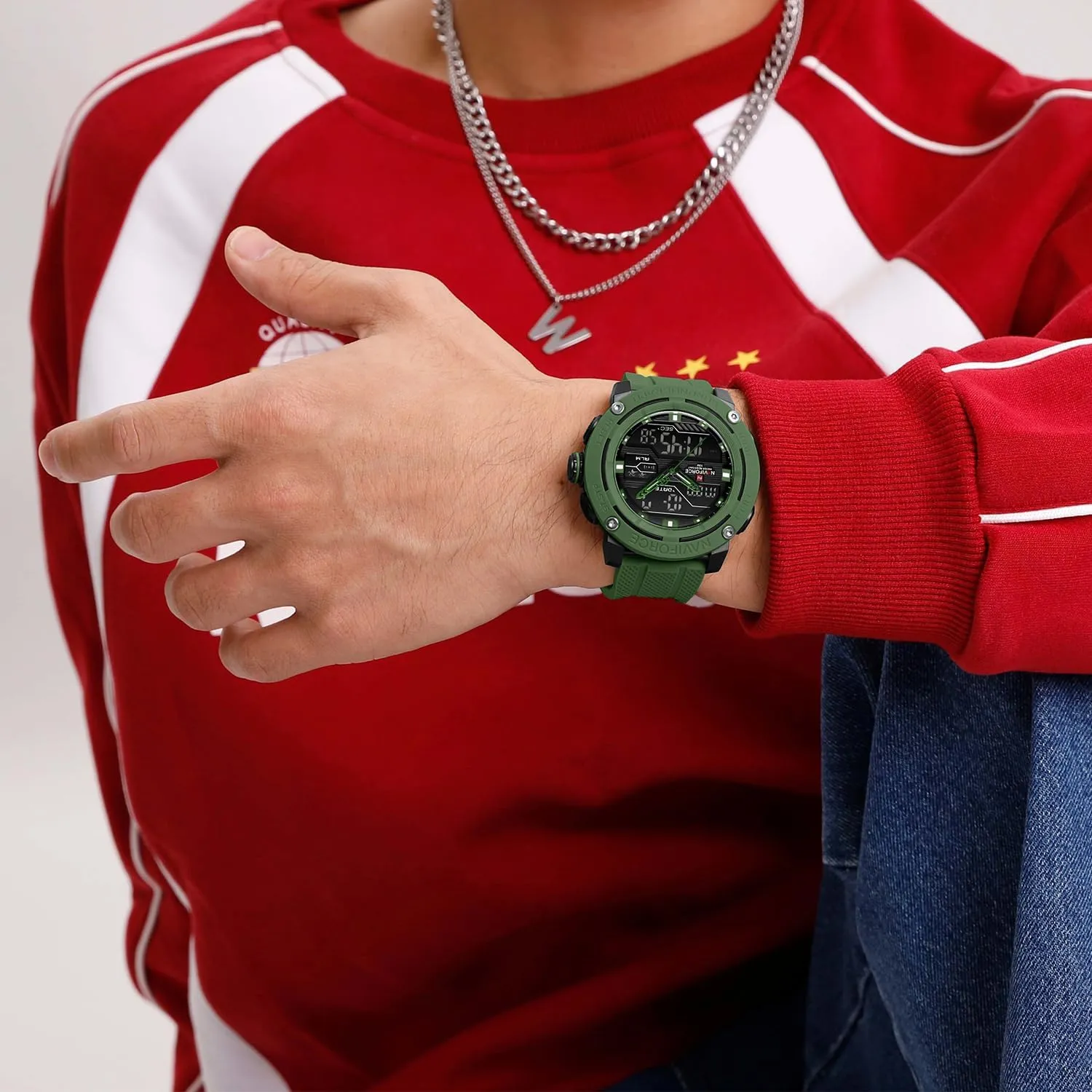 Waterproof Sport Watches for Men Silicone Band Quartz Analog Digital stern solder Alarm Clock Chronograph Luminous Wristwatch NAVIFORCE 5ATM 