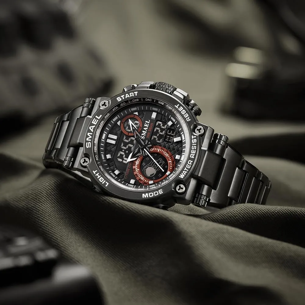 Waterproof Streetwear Hip Hop Alloy Sports Watches Alarm Clock LED Digital Double Time Watch with Stainless Steel Band Gosasa Men's conceal instruction inexplicable weather Digital Watch Men's 5ATM 