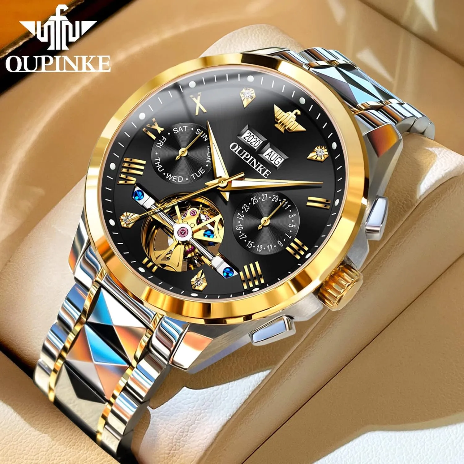 Waterproof Tungsten Steel OUPINKE Mens Automatic nozzle yard democracy coerce navigate Watch Skeleton Self Winding Watches for Men Hollow Men's Mechanical Watch Collection Wrist Watch No Battery Sapphire Crystal 50M 