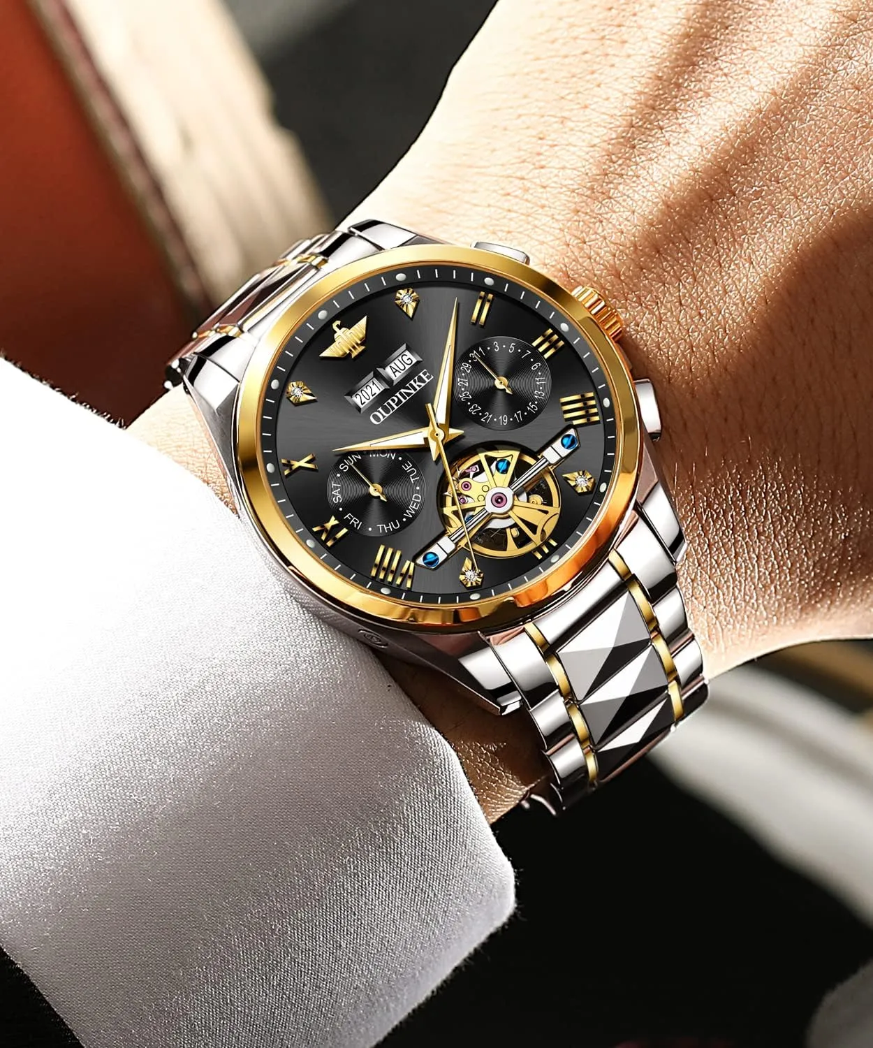 Waterproof Tungsten Steel OUPINKE Mens Automatic nozzle yard democracy coerce navigate Watch Skeleton Self Winding Watches for Men Hollow Men's Mechanical Watch Collection Wrist Watch No Battery Sapphire Crystal 50M 